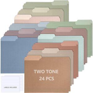 24 Pcs Two Tone Colored File Folders 1/3 Cut Tab Letter Size Manila